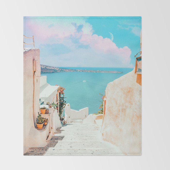 Surreal Greece, Tropical Travel Scenic Photography, Colorful Pastel Landscape Bohemian Architecture Throw Blanket Gallery Image 2