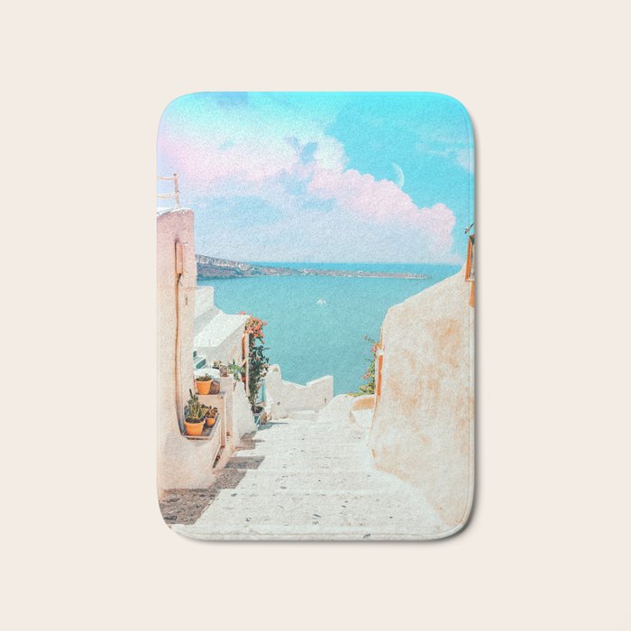 Surreal Greece, Tropical Travel Scenic Photography, Colorful Pastel Landscape Bohemian Architecture Bath Mat Gallery Image 1