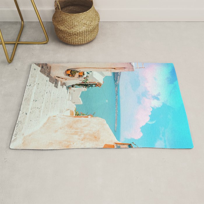 Surreal Greece, Tropical Travel Scenic Photography, Colorful Pastel Landscape Bohemian Architecture Rug Gallery Image 1