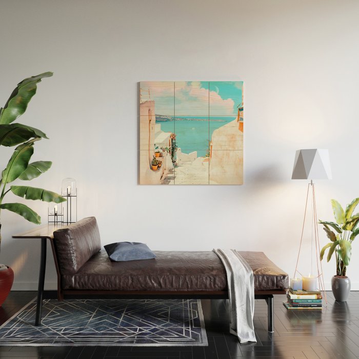 Surreal Greece, Tropical Travel Scenic Photography, Colorful Pastel Landscape Bohemian Architecture Wood Wall Art Gallery Image 2