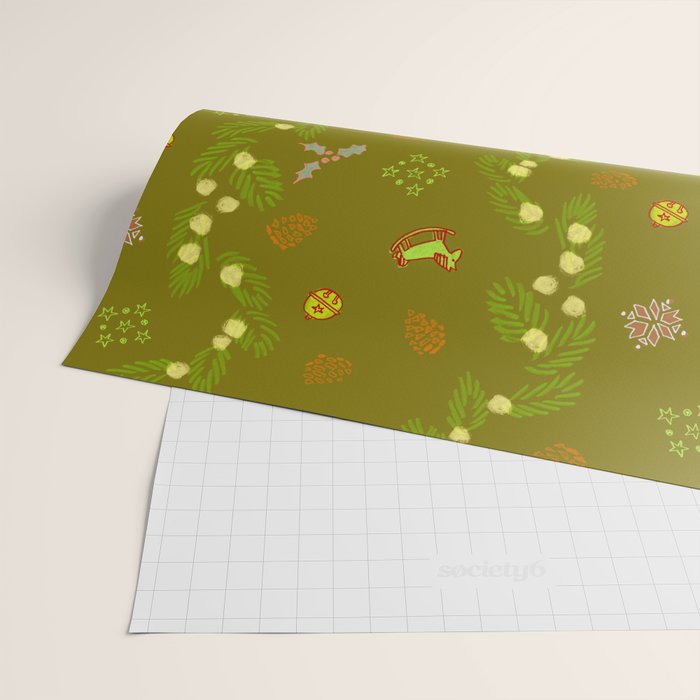 Whimsical Tiny Toys & Pine Branches in Green Wrapping Paper Gallery Image 2