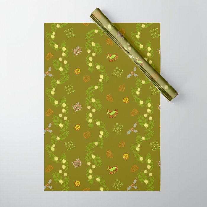 Whimsical Tiny Toys & Pine Branches in Green Wrapping Paper Gallery Image 1
