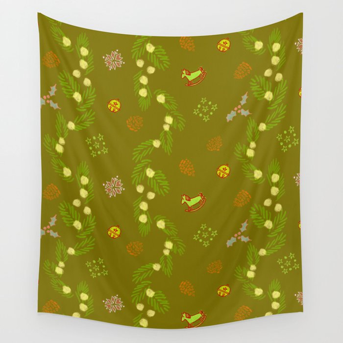 Whimsical Tiny Toys & Pine Branches in Green Wall Tapestry Gallery Image 1