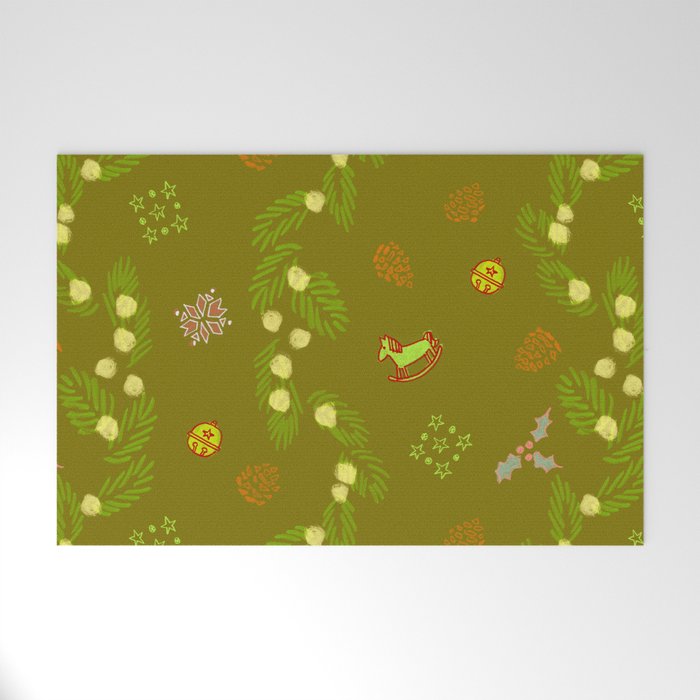 Whimsical Tiny Toys & Pine Branches in Green Welcome Mat Gallery Image 1