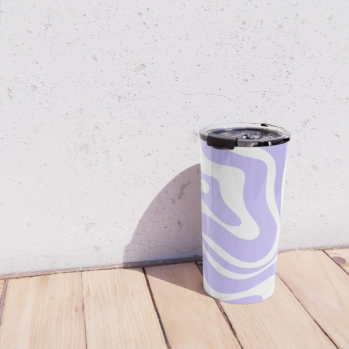 Retro Modern Liquid Swirl Abstract Pattern in Light Purple and White Travel Mug Gallery Image 4