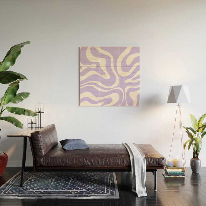 Retro Modern Liquid Swirl Abstract Pattern in Light Purple and White Wood Wall Art Gallery Image 2