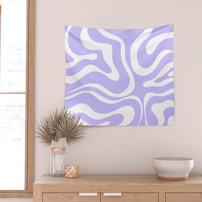 Retro Modern Liquid Swirl Abstract Pattern in Light Purple and White Wall Tapestry Gallery Image 2