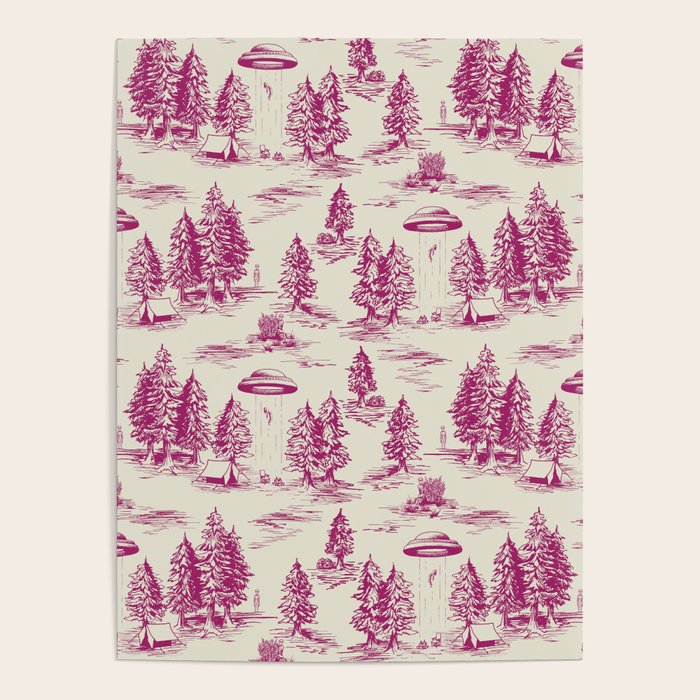 Magenta Alien Abduction Toile De Jouy Pattern Poster Gallery Image 1