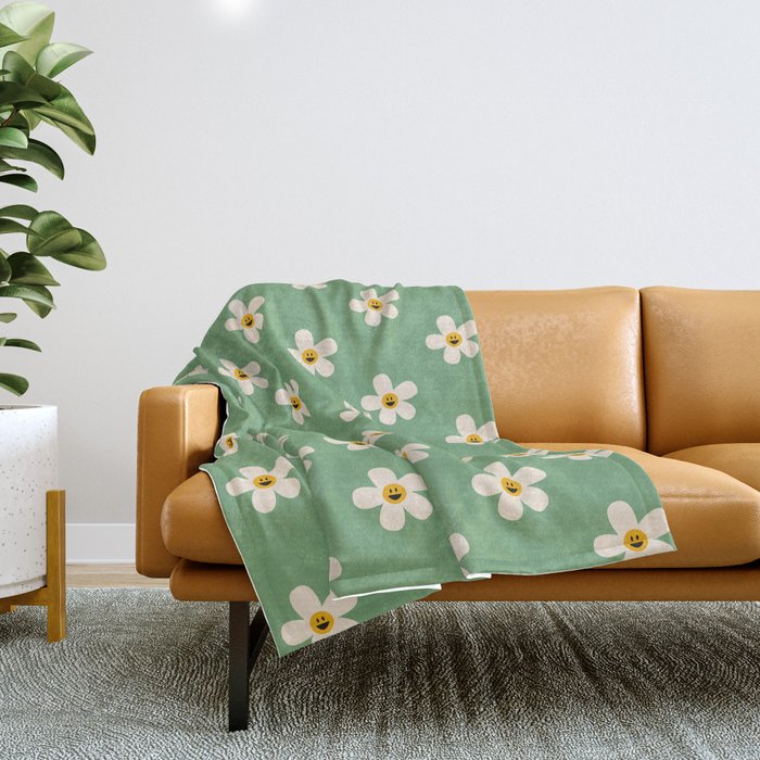 Retro Happy Daisy Flower in Green Throw Blanket Gallery Image 1
