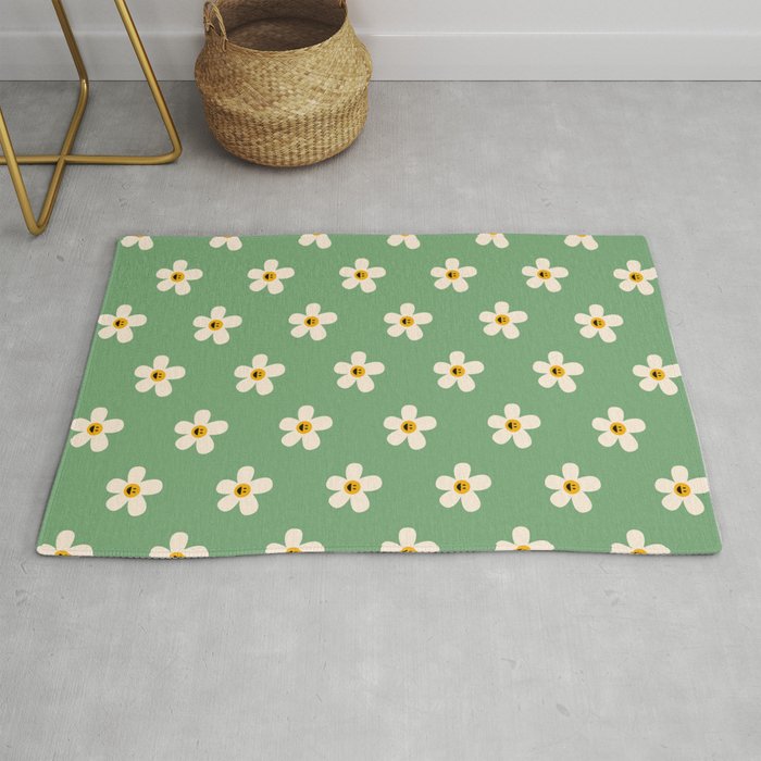 Retro Happy Daisy Flower in Green Rug Gallery Image 1