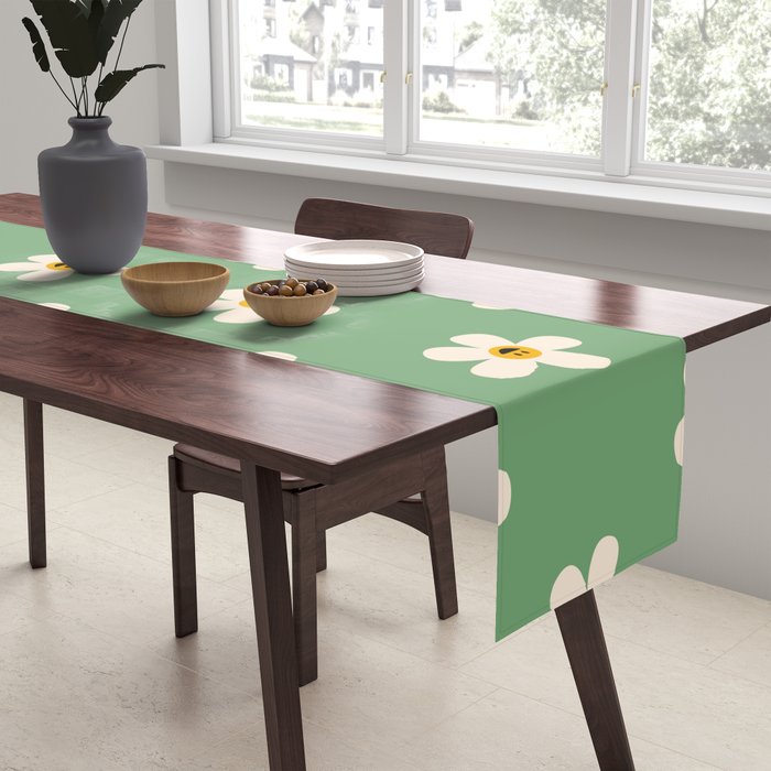 Retro Happy Daisy Flower in Green Table Runner Gallery Image 2