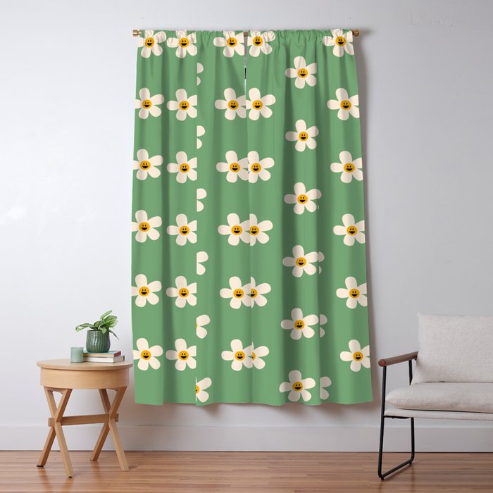 Retro Happy Daisy Flower in Green Window Curtain Gallery Image 1