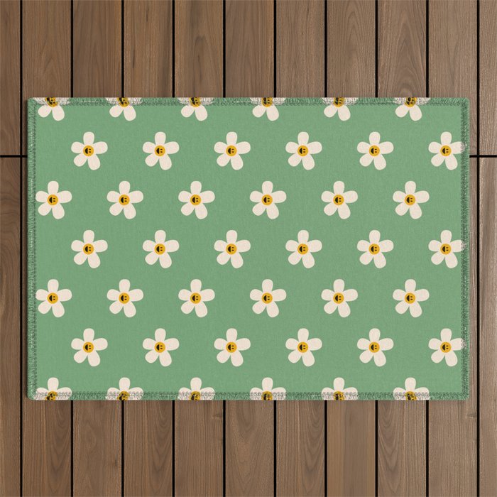 Retro Happy Daisy Flower in Green Outdoor Rug