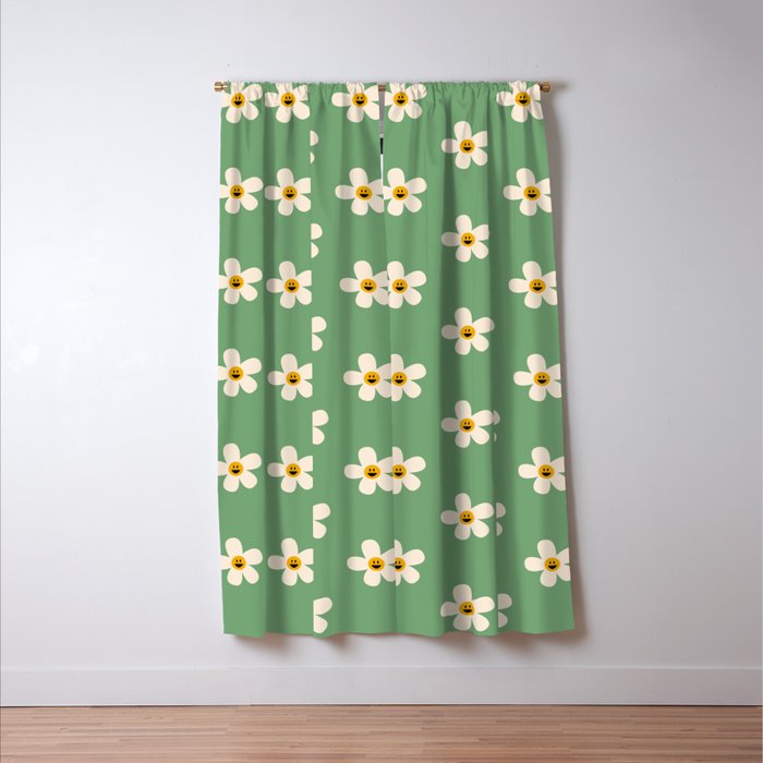 Retro Happy Daisy Flower in Green Window Curtain Gallery Image 3