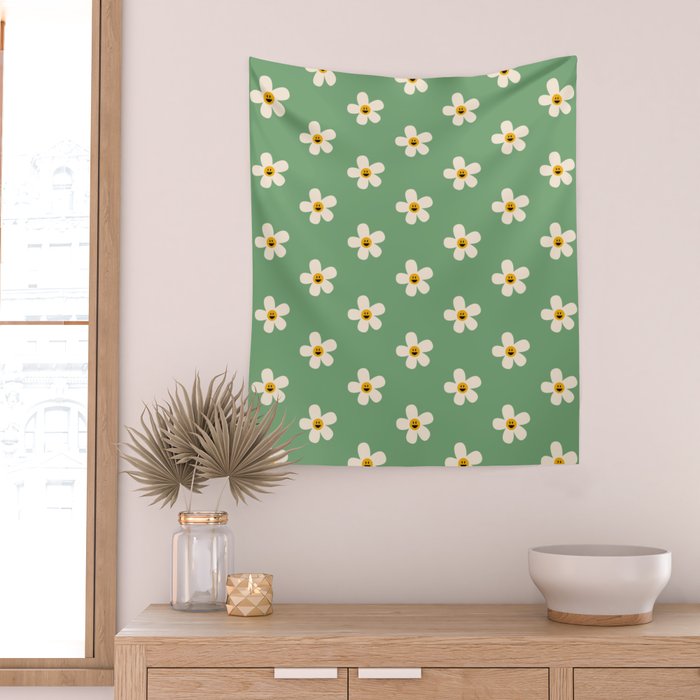 Retro Happy Daisy Flower in Green Wall Tapestry Gallery Image 2