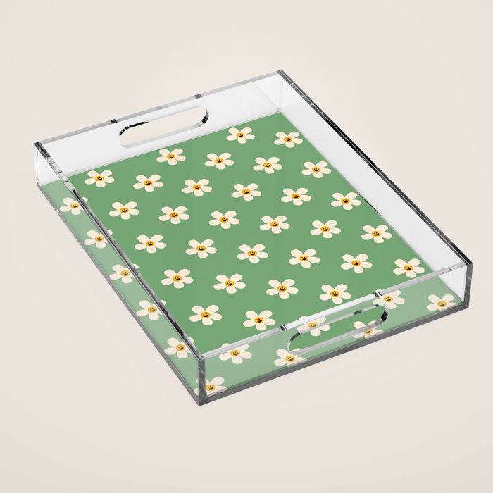 Retro Happy Daisy Flower in Green Acrylic Tray Gallery Image 1