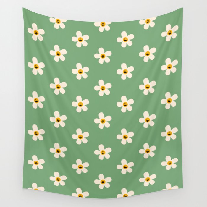 Retro Happy Daisy Flower in Green Wall Tapestry Gallery Image 4