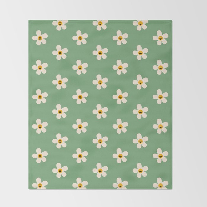 Retro Happy Daisy Flower in Green Throw Blanket Gallery Image 2