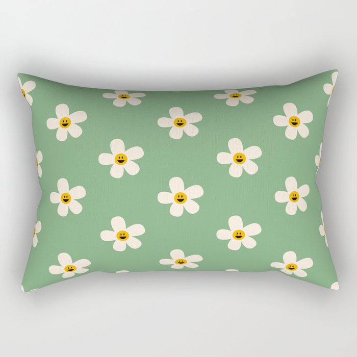 Retro Happy Daisy Flower in Green Rectangular Pillow Gallery Image 1