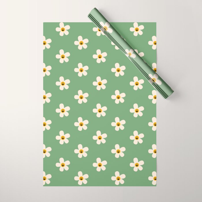 Retro Happy Daisy Flower in Green Wrapping Paper Gallery Image 1
