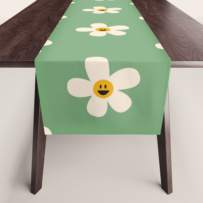 Retro Happy Daisy Flower in Green Table Runner Gallery Image 1