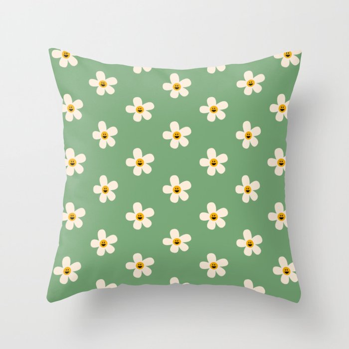 Retro Happy Daisy Flower in Green Throw Pillow Gallery Image 6