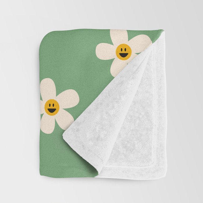 Retro Happy Daisy Flower in Green Throw Blanket Gallery Image 3