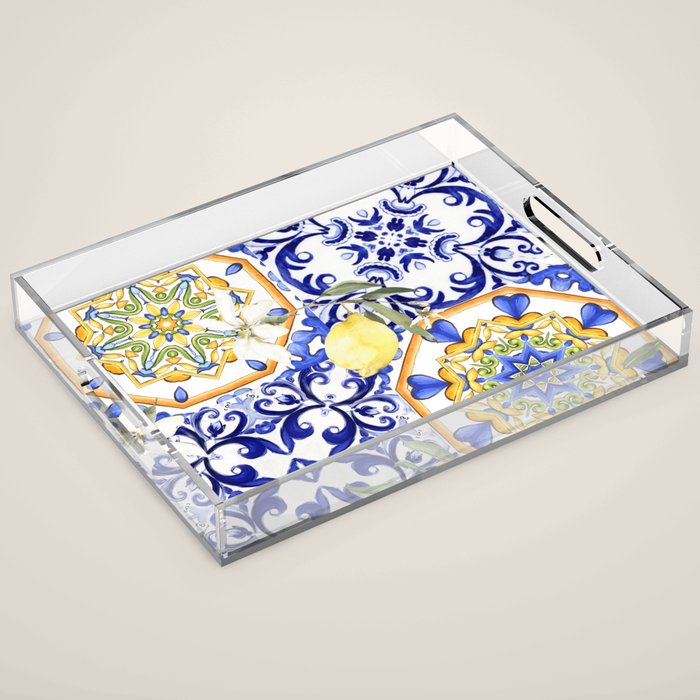 Majolica,summer,lemon,Sicilian style art Acrylic Tray Gallery Image 1