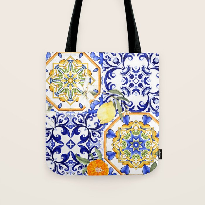 Majolica,summer,lemon,Sicilian style art Tote Bag Gallery Image 1