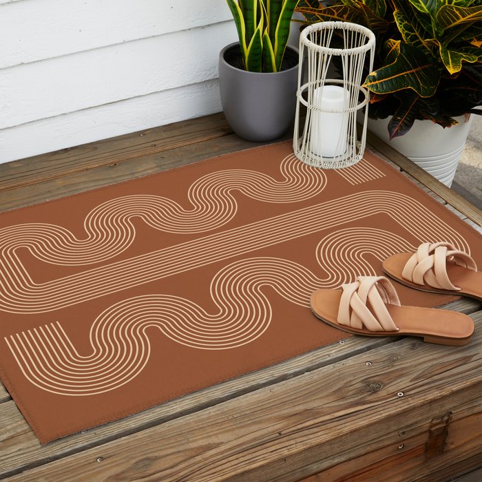 Geometric Lines in Terracotta and Beige 76 (Mid century Midern Rainbow Abstract) Outdoor Rug Gallery Image 2