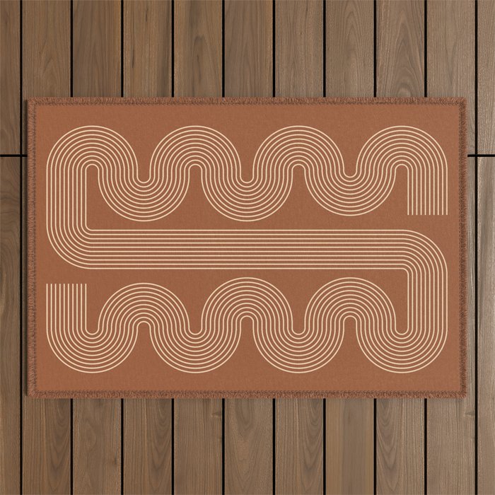 Geometric Lines in Terracotta and Beige 76 (Mid century Midern Rainbow Abstract) Outdoor Rug Gallery Image 1