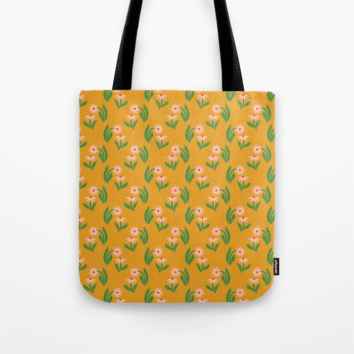 Pink Daisy Pattern - Yellow Tote Bag Gallery Image 1