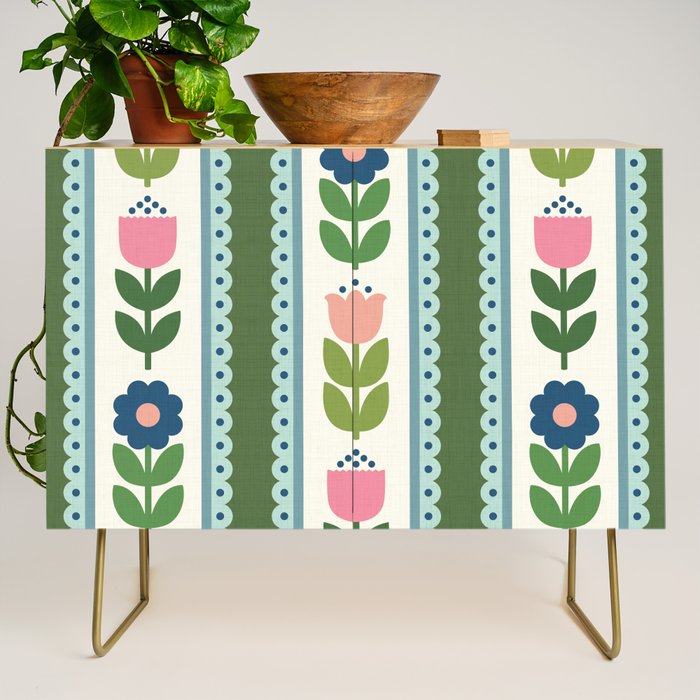Scandi-Floral Stripes Green Pink Blue Credenza Gallery Image 1