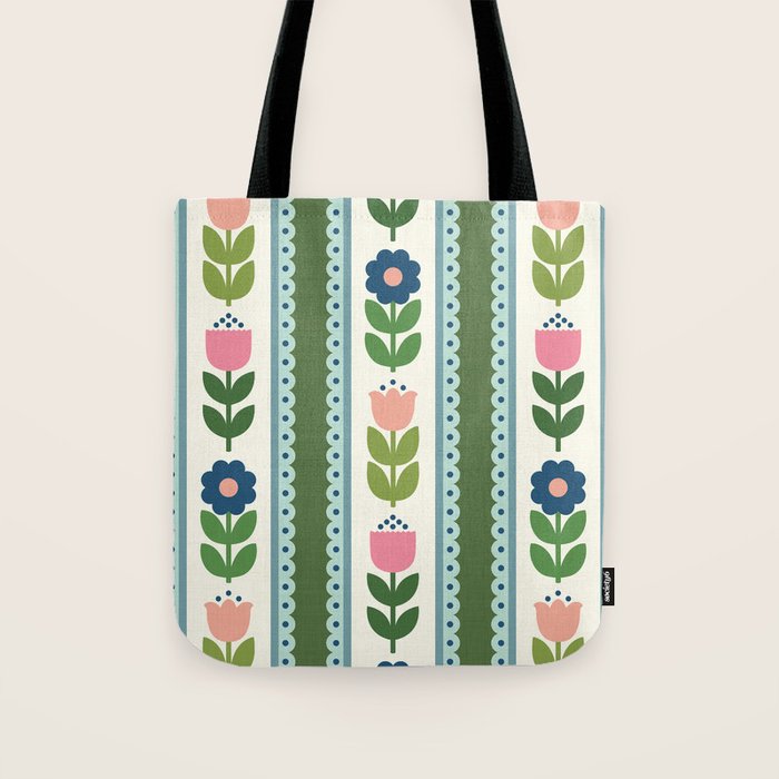 Scandi-Floral Stripes Green Pink Blue Tote Bag Gallery Image 1