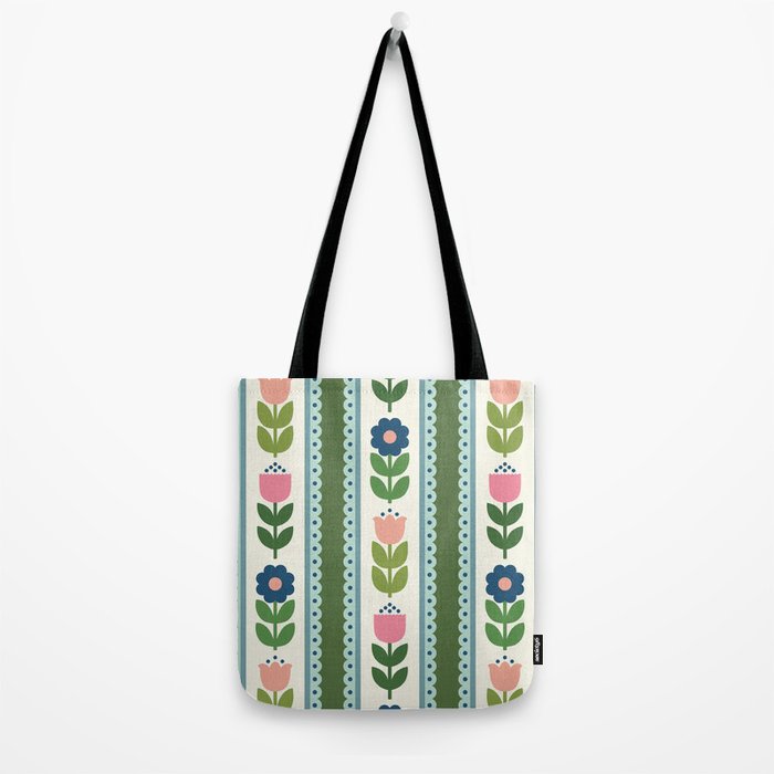 Scandi-Floral Stripes Green Pink Blue Tote Bag Gallery Image 2