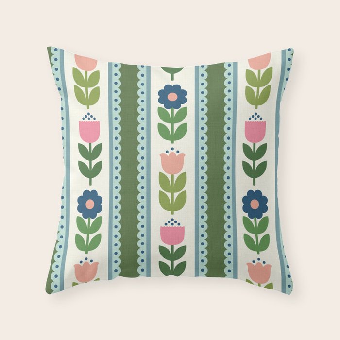 Scandi-Floral Stripes Green Pink Blue Throw Pillow Gallery Image 6