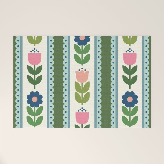 Scandi-Floral Stripes Green Pink Blue Welcome Mat Gallery Image 1