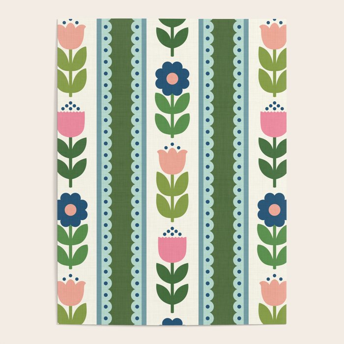 Scandi-Floral Stripes Green Pink Blue Poster Gallery Image 4
