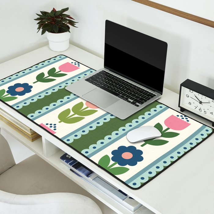 Scandi-Floral Stripes Green Pink Blue Desk Mat Gallery Image 2