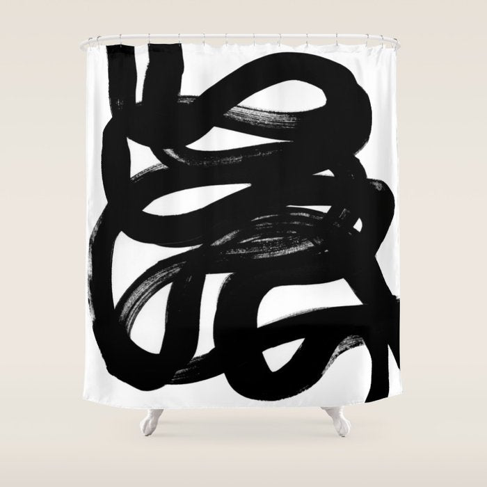 Swirl Black & White Minimalist Abstract Mid century Ink Art Dark Brush Strokes Shower Curtain Gallery Image 1