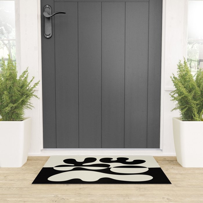 Mid Century Modern Organic Abstraction 235 Black and Ivory White Welcome Mat Gallery Image 3