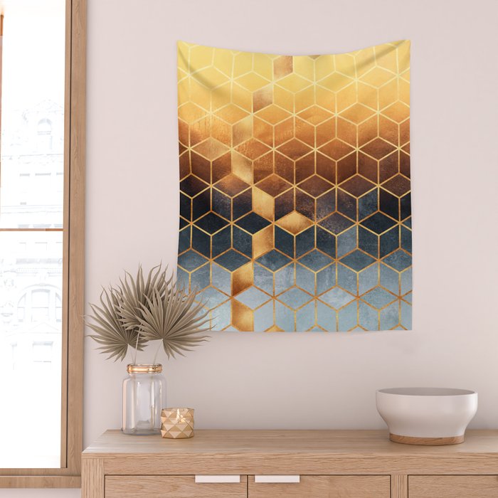 Golden Gradient Cubes Wall Tapestry Gallery Image 2