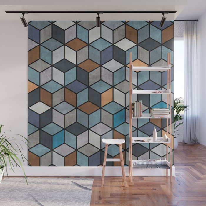 Colorful Concrete Cubes - Blue, Grey, Brown Wall Mural Gallery Image 1