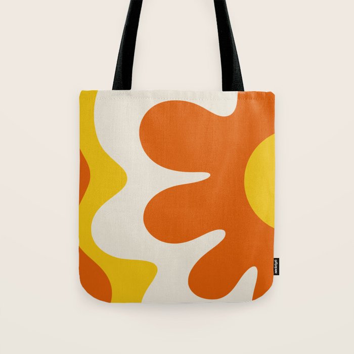 Happy Flower Retro 60s 70s Vibe Orange Yellow Cream Tote Bag Gallery Image 1