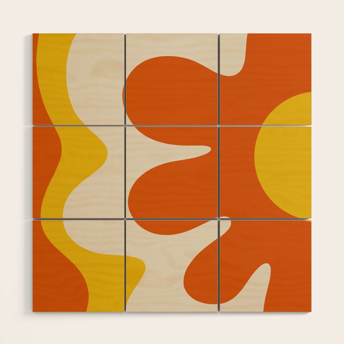 Happy Flower Retro 60s 70s Vibe Orange Yellow Cream Wood Wall Art Gallery Image 1