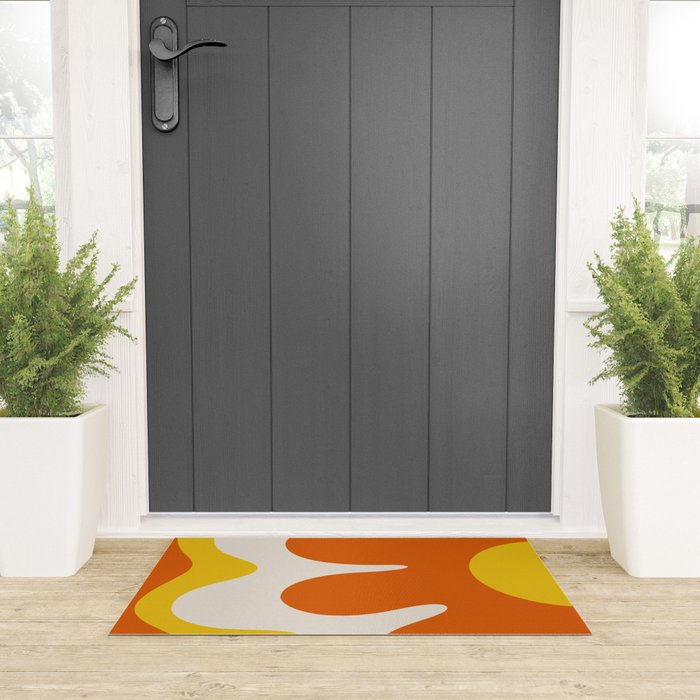Happy Flower Retro 60s 70s Vibe Orange Yellow Cream Welcome Mat Gallery Image 3
