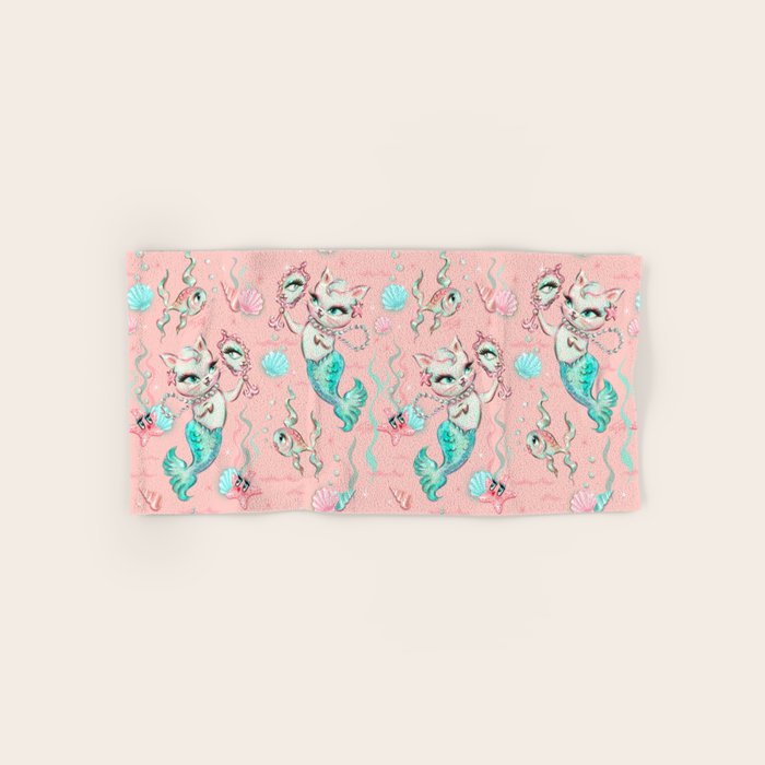 Merkittens with Pearls on blush Bath Towel
