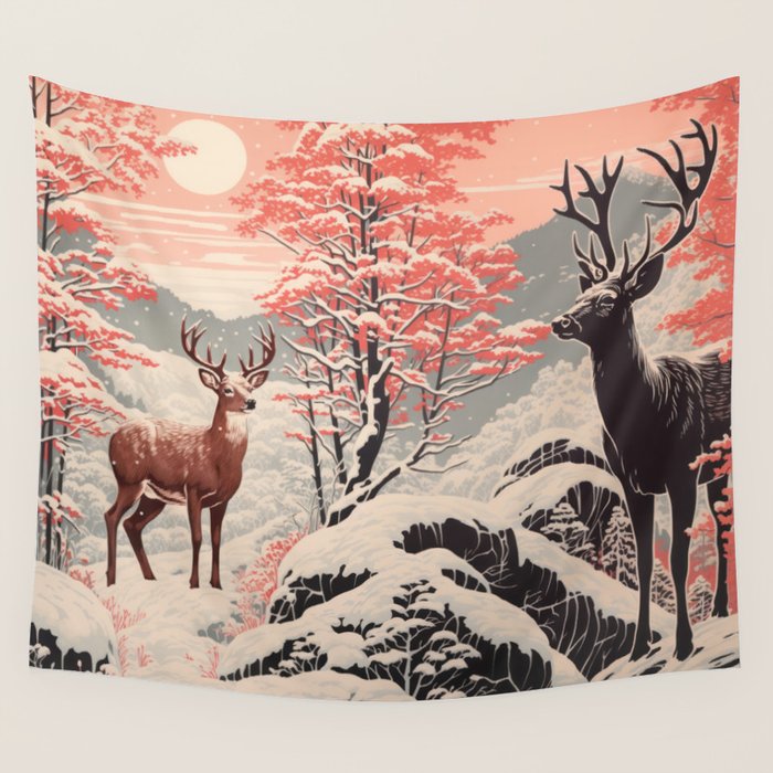 Majestic Winter Mountain Deer  Wall Tapestry Gallery Image 1