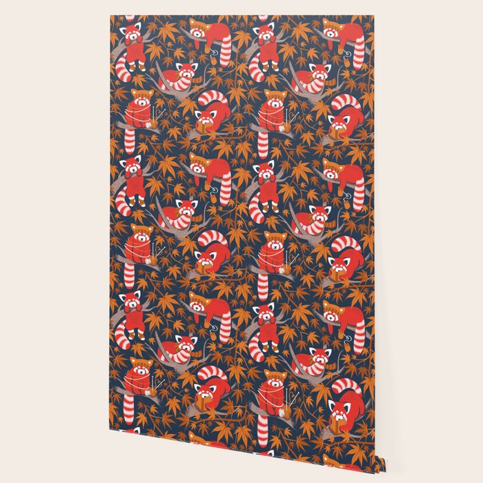 Red panda blending with the foliage // navy background red cozy animals fog brown taupe tree branches orange acer leaves Wallpaper Gallery Image 2