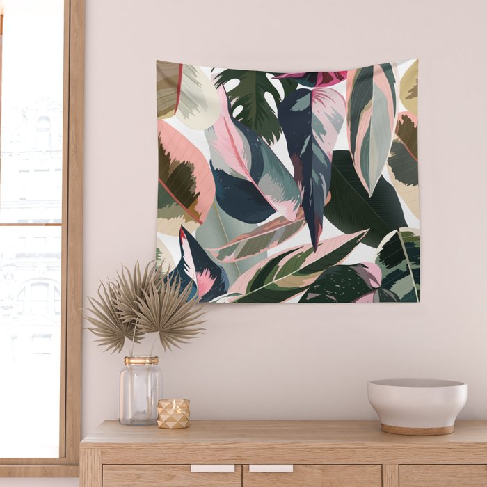 Colorful Tropical Palm Leaves on White Wall Tapestry Gallery Image 2